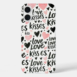 COQUES iPhone 16 PLUS ROSE AVEC AMOUR ET COEURS NOIRS