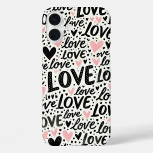 COQUES iPhone 16 PLUS ROSE AVEC AMOUR NOIR ET CŒURS
