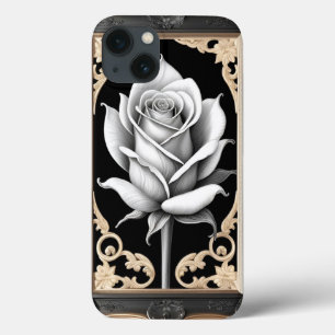 Case-Mate iPhone Case Rose Blanche Élégante avec Cadre Orné en Or
