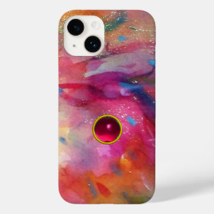 COQUES POUR iPhone ROSE BLEU ABSTRAIT AVEC 3D RED RUBY GEMSTONE