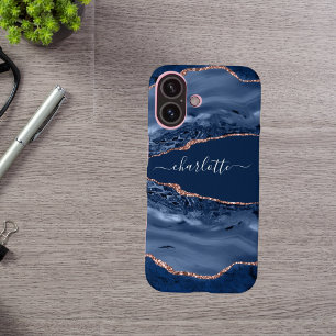 Coques iPhone 16 Rose bleu or agate marbre nom script