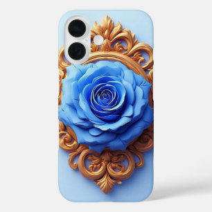 Coques iPhone 16 Rose Bleue Élégante Affichée dans un Cadre Doré Or