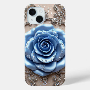 Coque Pour iPhone 15 Rose Bleue Élégante avec Diamants Brillants