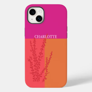 Coque Pour iPhone 14 Plus Rose Chaud Et Feuilles De Verdure Personnalisées