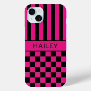 Coque iPhone 15 Mini Rose Chaud et Noir à Carreaux Rayé Personnalisé