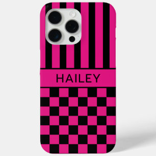 Coque iPhone 15 Pro Max Rose Chaud et Noir à Carreaux Rayé Personnalisé