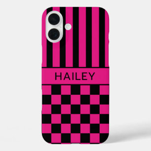 Coques iPhone 16 Plus Rose Chaud et Noir à Carreaux Rayé Personnalisé
