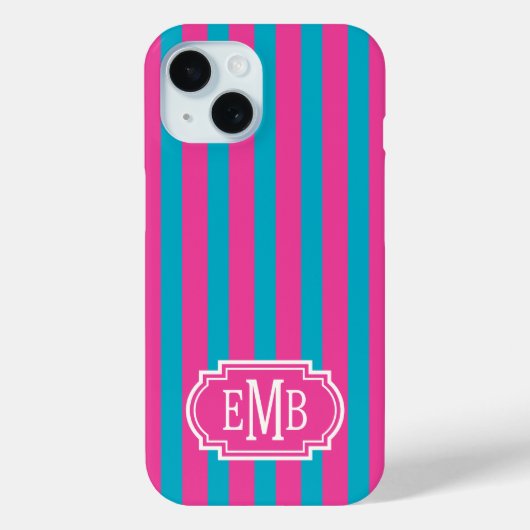 Coques Case-Mate iPhone Rose Chaud et Rayures Monogrammées Turquoise (Verso)