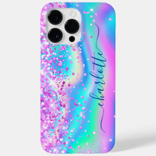 Coque Pour Pour iPhone 14 Pro Max Rose Chaud Pailleté Iridescent Glam Féminin Signat
