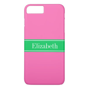 Coque iPhone 8 Plus/7 Plus Rose chaud solide #2 Emerald Green Rbn Nom Monogra