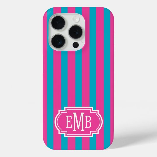 Coques Case-Mate iPhone Rose Chaude et Rayures Monogrammées Turquoise (Verso)