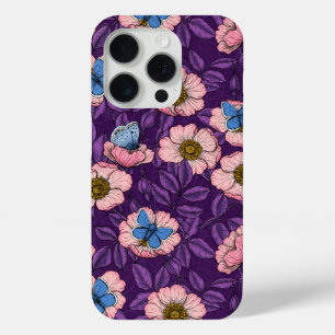 Coque iPhone 15 Pro Rose de chien et papillons en rose et violet
