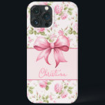 Case-Mate iPhone Case Rose de cottage rose avec coquette Bow<br><div class="desc">Ce coque iphone présente un rose de chou rose dans l'arrière - plan avec une forme de boîte rose incurvée qui ancre votre personnalisation de nom avec un joli arc rose.</div>