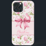 Case-Mate iPhone Case Rose de cottage rose avec coquette Bow<br><div class="desc">Ce coque iphone présente un rose de chou rose dans l'arrière - plan avec une forme de boîte rose incurvée qui ancre votre personnalisation de nom avec un joli arc rose.</div>
