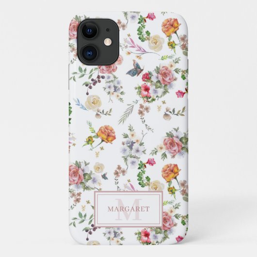 Coques Case-Mate iPhone Rose de jardin rose Floral Aquarelle Monogramme Ca (Dos)