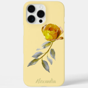 Coques iPhone 16 Pro Max Rose de la paix & Jaune Beurre avec feuilles dorée