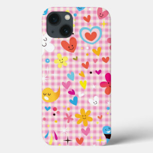 Etui iPhone 13 rose de motif de bande dessinée d'amusement