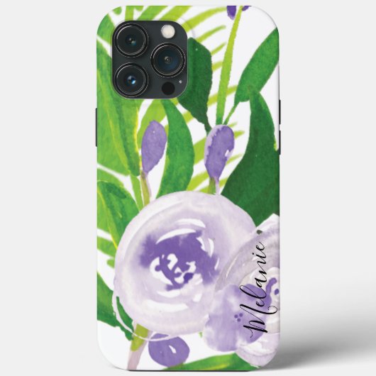 Coques Case-Mate iPhone Rose de verdure aquarelle nom de script violet (Verso)