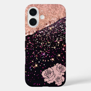 Coques iPhone 16 Rose de verre Parties scintillant noire Roses