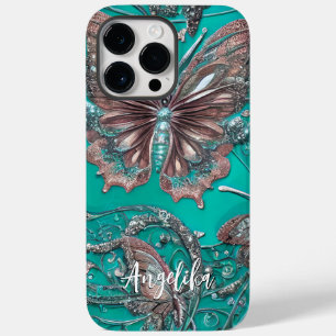 Coque Pour Pour iPhone 14 Pro Max Rose Dorée Papillon sarcelle Nom Personnalisé