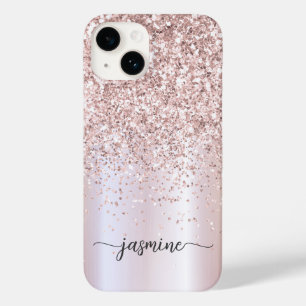Coque Pour iPhone 14 Rose élégant Parties scintillant or Monogramme Nom