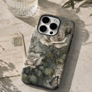 Coques iPhone 16 Pro Rose et Papillon Blancs Shabby Chic Vintage