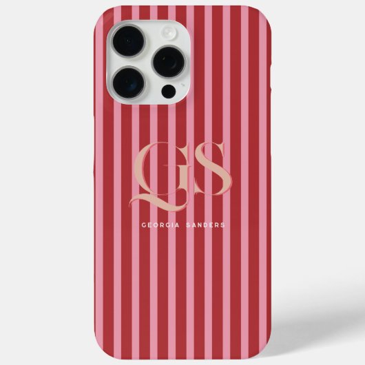 Coques Case-Mate iPhone Rose et rouge | Monogramme à rayures chics (Verso)