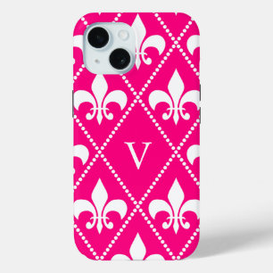 Coque Pour iPhone 15 Rose Fleur de Lis avec monogramme