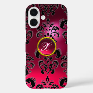 COQUES iPhone 16 ROSE FUCHSIA BLACK DAMASK MONOGRAMME EN PIERRE DE