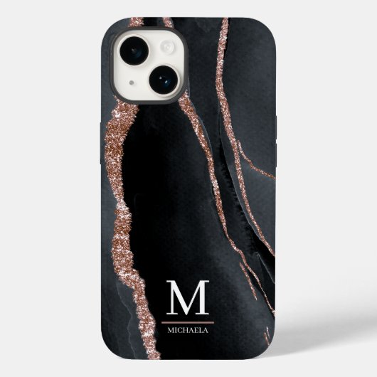 Coques Case-Mate iPhone Rose Gold & Black Abstrait Élégant Monogrammé (Verso)