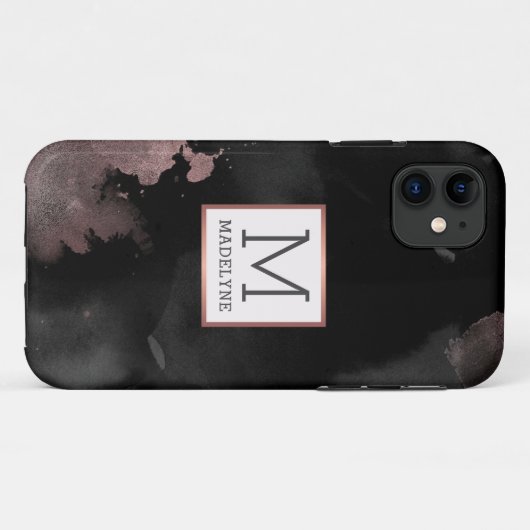 Coques Case-Mate iPhone Rose Gold Drift Black Girly Monogramme Nom (Dos (Horizontal))