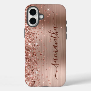 Coques iPhone 16 Plus Rose Gold Métallisé Pailleté Noir Signature Fémini