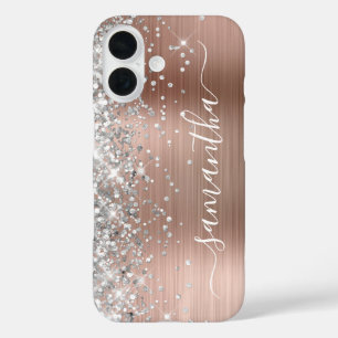 Coques iPhone 16 Rose Gold Métallisé Paillettes Argentées Signature