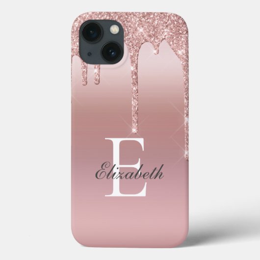 Coques Case-Mate iPhone Rose Gold Monogramme Nommé Paillettes Goutte Rose (Verso)