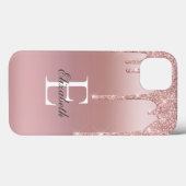Coques Case-Mate iPhone Rose Gold Monogramme Nommé Paillettes Goutte Rose (Verso (horizontal))