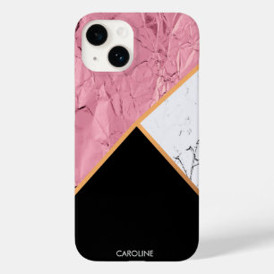 Coque Pour iPhone 14 Rose Gold Noir et Motif Marbre blanc