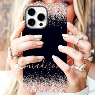 Coques iPhone 16 Pro Max Rose Gold Pailletés Navy Nom Personnalisé
