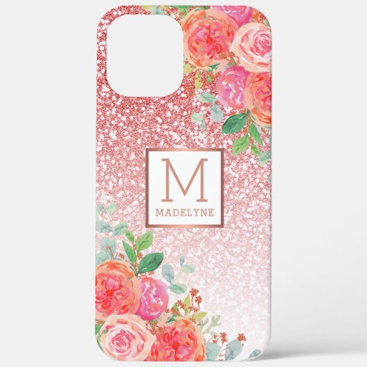 Coques Case-Mate iPhone Rose Gold Parties scintillant Aquarelle Floral Nom (Verso)