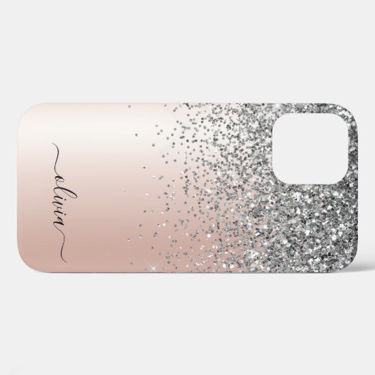 Coques Case-Mate iPhone Rose Gold - Rose Pâle et Argent Paillettes Monogra (Verso (horizontal))