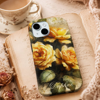Coque Pour iPhone 15 Rose jaune vintage shabby chic nom personnalisé