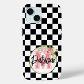 Coques Case-Mate iPhone rose Monogramme Fleur noir et blanc À damiers (Verso)