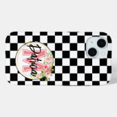 Coques Case-Mate iPhone rose Monogramme Fleur noir et blanc À damiers (Verso (horizontal))