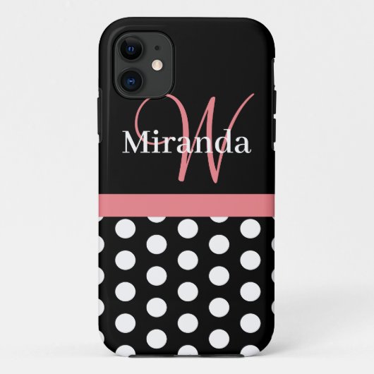 Coques Case-Mate iPhone Rose noir blanc Polka point Monogramme (Dos)