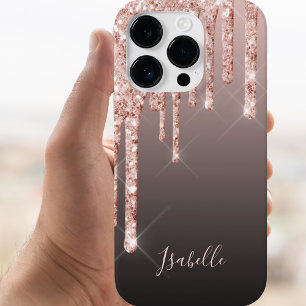 Coque Pour iPhone 14 Pro Rose or brun noir parties scintillant gouttes nom 