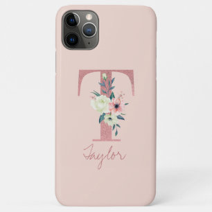 Case-Mate iPhone Case Rose Pailleté Fleur Lettre T Rose Clair Monogramme