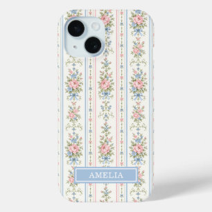 Coque Pour iPhone 15 Rose Pâle Bleu Aquarelle Floral Rayé