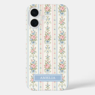 Coques iPhone 16 Rose Pâle Bleu Aquarelle Floral Rayé
