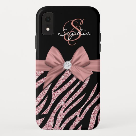 Coques Case-Mate iPhone Rose Parties scintillant or noir Zebra Stripes Bow (Dos)