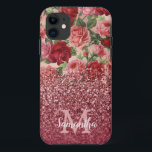 Case-Mate iPhone Case Rose Parties scintillant or Vintage rose rose rose<br><div class="desc">Chic, Elégant, Vintage, rose, violet clair rouge, nom fleuri rose personnalisé et coque iphone monogrammé. Le design romantique et girly présente des fleurs vintages en rose, violet clair arrière - plan roses rouges et un fond doré rose foncé et une parties scintillant bordeaux. Vous pouvez vous customiser avec votre nom...</div>