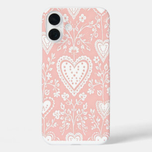 COQUES iPhone 16 PLUS ROSE PASTEL AUX COEURS BLANCS ET FLEURS